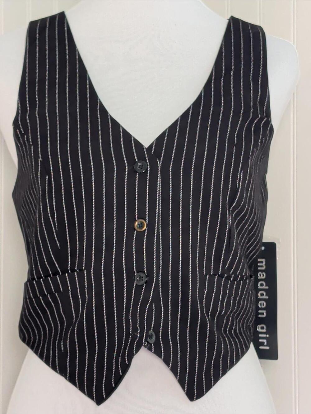 Madden Girl Black Pinstripe Vest with Buttons, Size M